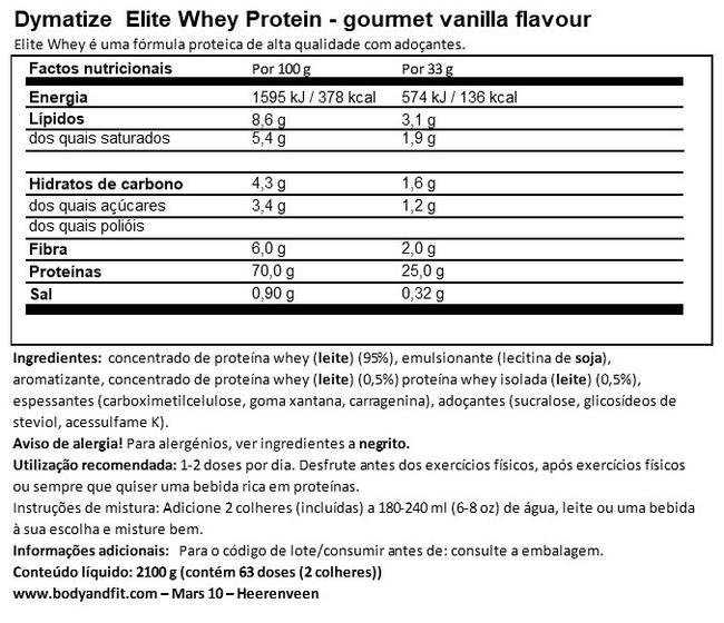 Elite 100% Whey Nutritional Information 1