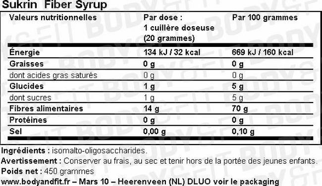 Sirop aux fibres Fiber Syrup Nutritional Information 1