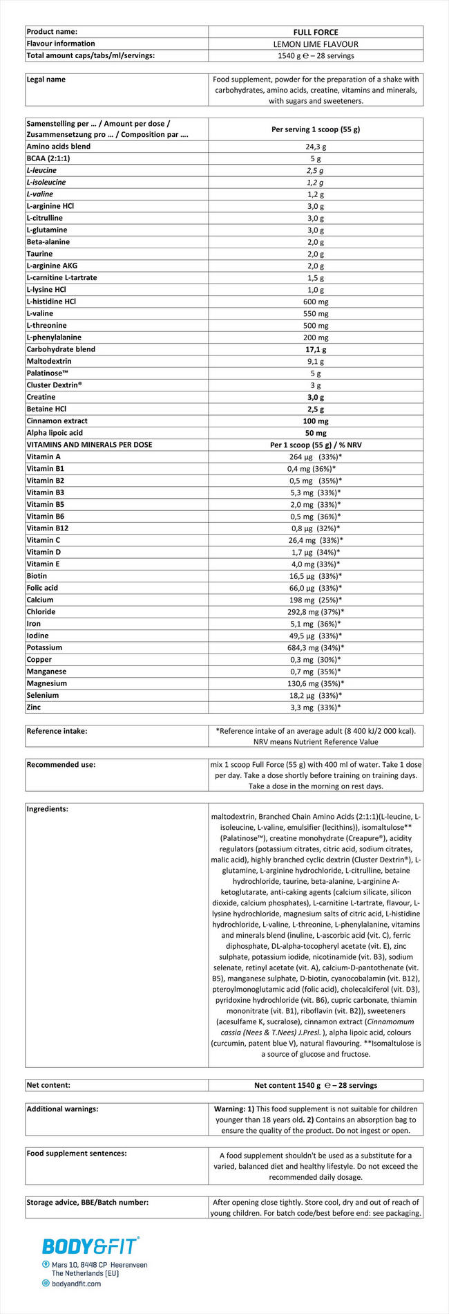 Full Force Nutritional Information 1