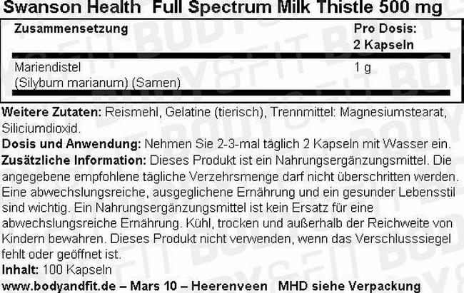 Full Spectrum Milk Thistle 500 mg Nutritional Information 1