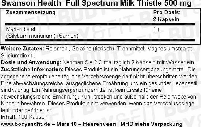 Full Spectrum Milk Thistle 500 mg Nutritional Information 1
