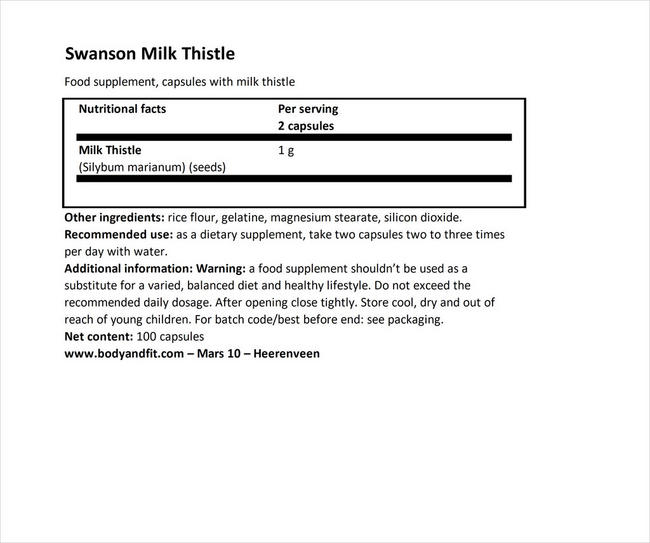 Full Spectrum Milk Thistle 500mg Nutritional Information 1