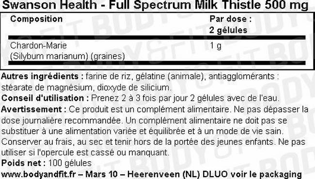 Gélules au chardon-Marie Full Spectrum Milk Thistle 500 mg Nutritional Information 1