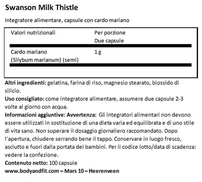 Cardo Mariano Full Spectrum 500 MG Nutritional Information 1