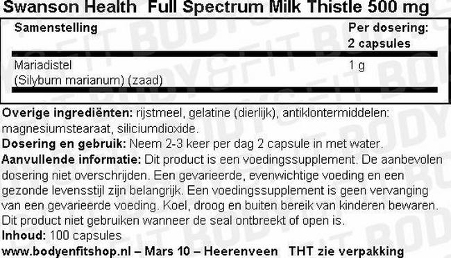 Full Spectrum Milk Thistle 500mg Nutritional Information 1