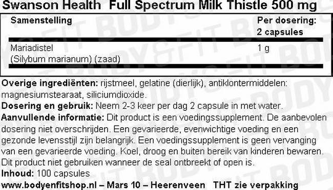 Cardo Mariano Full Spectrum 500 MG Nutritional Information 1