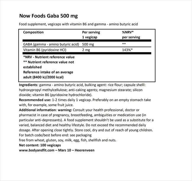GABA Now Foods Nutritional Information 1