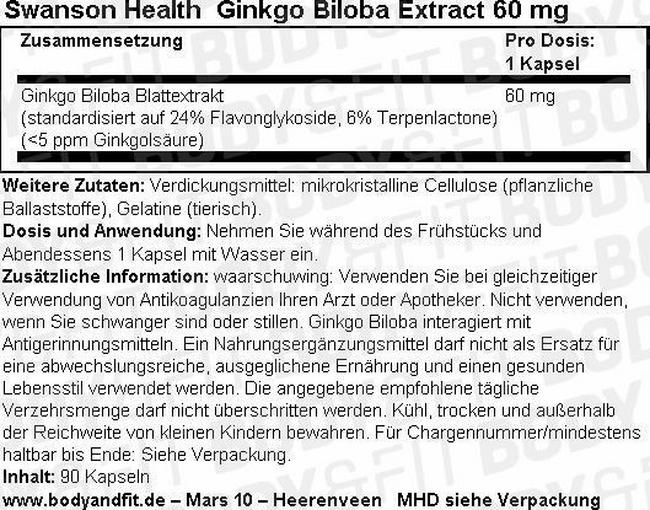 Ginkgo Biloba Extract 60mg Nutritional Information 1