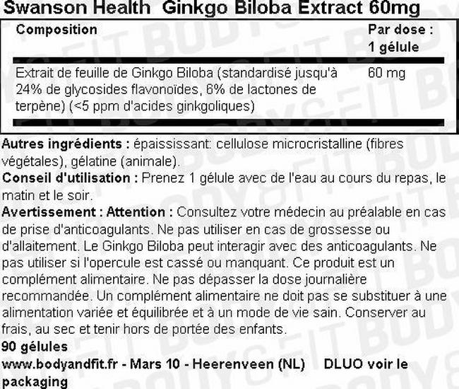 Extrait de Ginkgo Biloba 60mg Nutritional Information 1