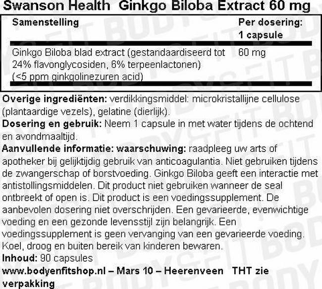 Ginkgo Biloba Extract 60mg Nutritional Information 1