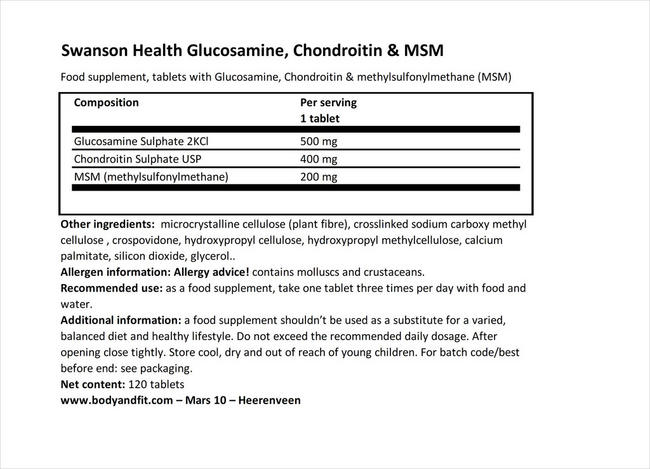 グルコサミン、コンドロイチン＆MSM 500/400/200 Nutritional Information 1