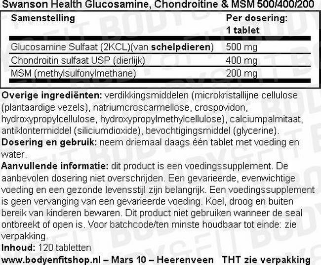 Glucosamine, Chondroitine & MSM 500/400/200 Nutritional Information 1
