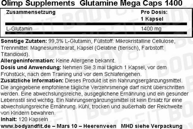 Glutamine Mega Caps 1400 Nutritional Information 1
