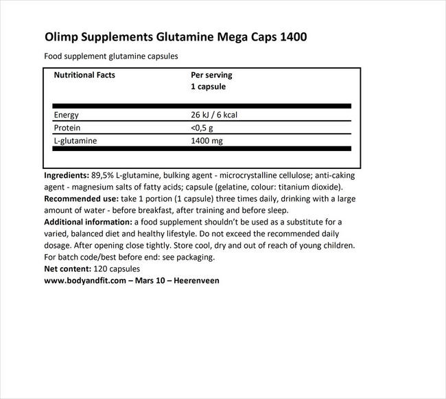 Glutamine Mega Caps 1400 Nutritional Information 1