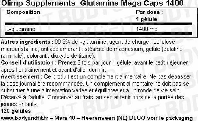 Gélules Glutamine Mega Caps 1400 Nutritional Information 1