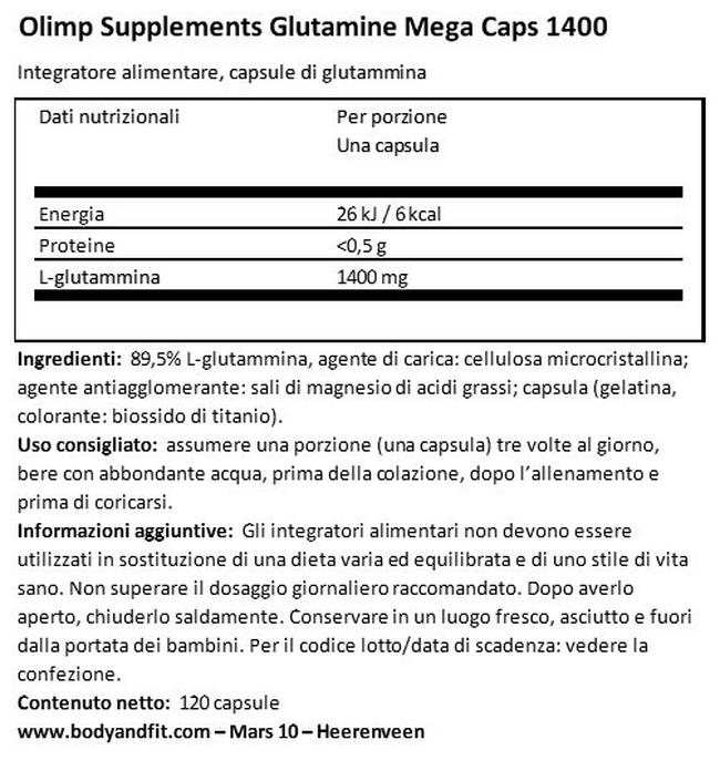 Glutamine Mega Caps 1400 Nutritional Information 1