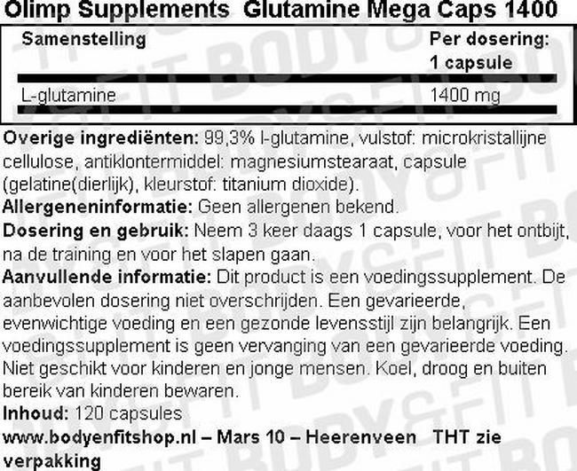 Glutamine Mega Caps 1400 Nutritional Information 1