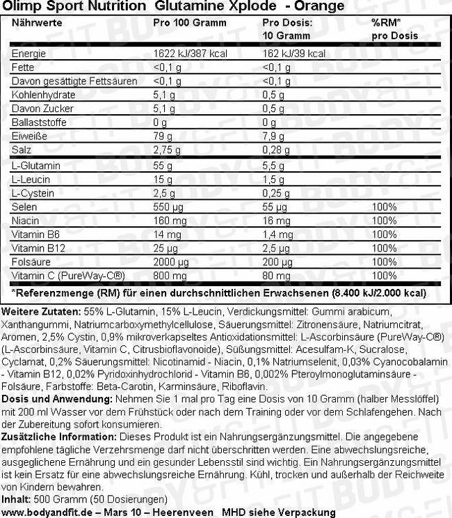 Glutamine Xplode Nutritional Information 1
