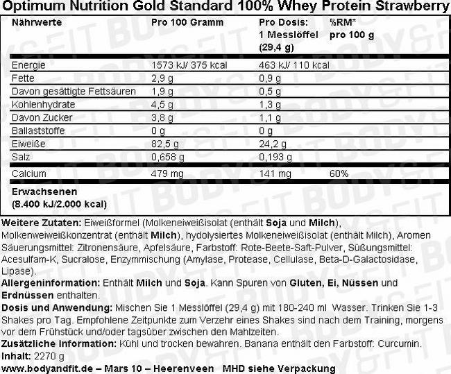 Gold Standard 100% Whey Protein Nutritional Information 1