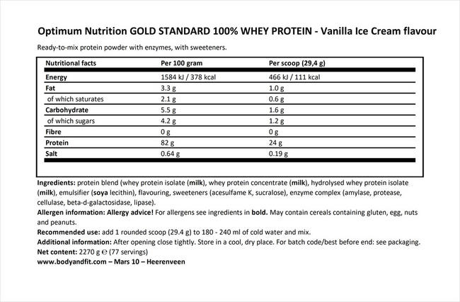 Gold Standard 100% Whey Protein Nutritional Information 1