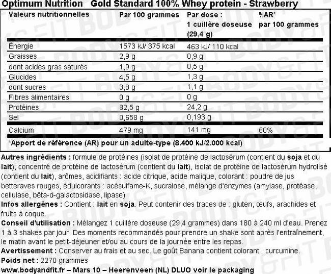 GOLD STANDARD 100% WHEY PROTEIN Nutritional Information 1