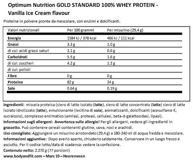 Gold Standard 100% Whey Nutritional Information 1