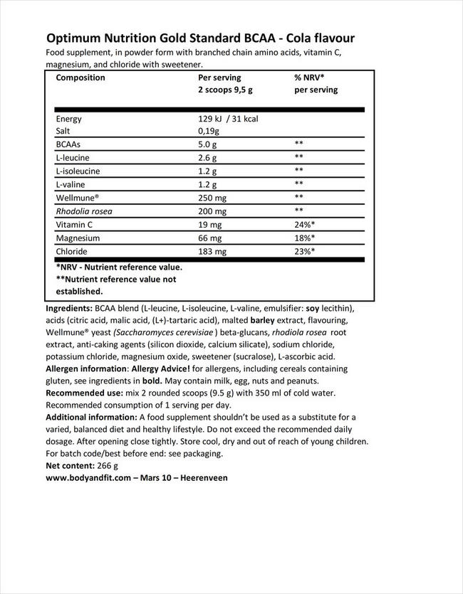 Gold Standard BCAA Train + Sustain Nutritional Information 1