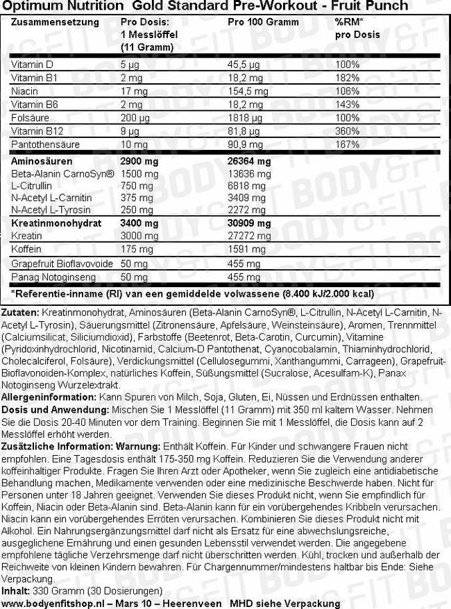 Gold Standard Pre-Workout Nutritional Information 1