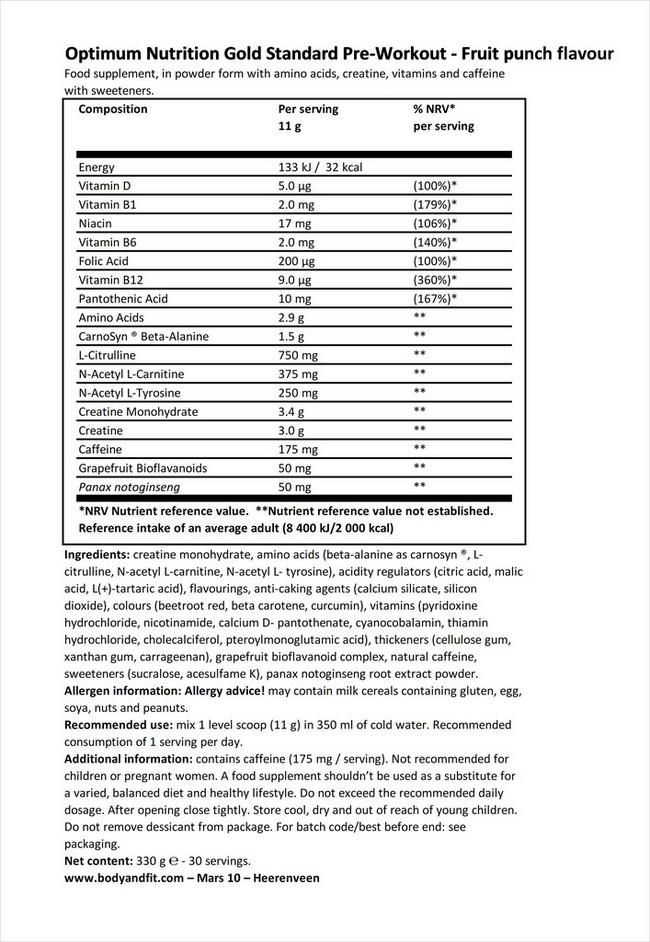 Gold Standard Pre-Workout Nutritional Information 1