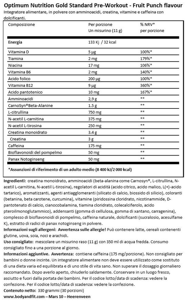 Gold Standard Pre-Workout Nutritional Information 1