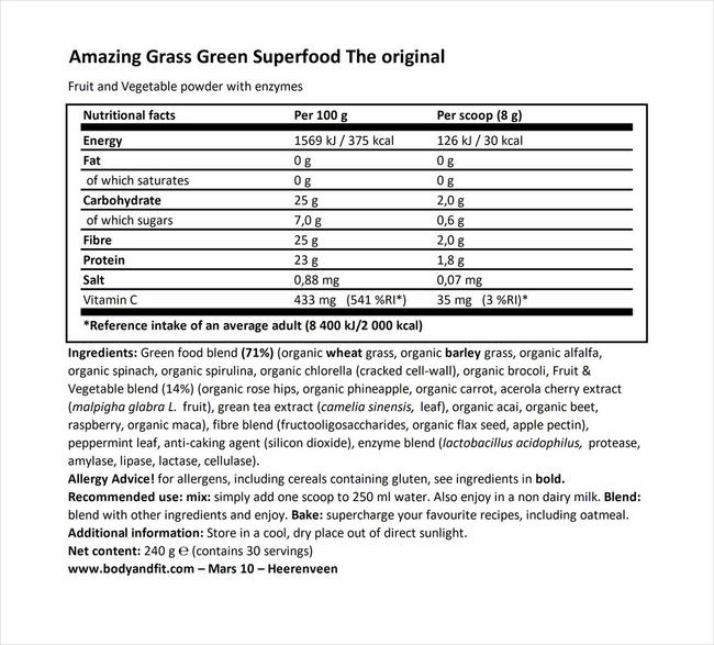 グリーン スーパーフード Nutritional Information 1
