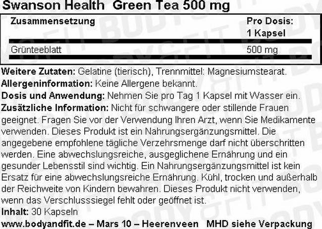 Green Tea 500 mg Nutritional Information 1