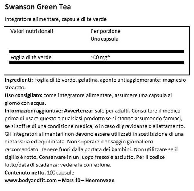 Tè verde 500 mg Nutritional Information 1