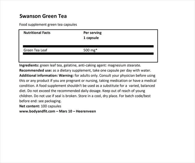 グリーンティー500mg Nutritional Information 1