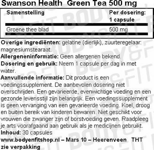 Green Tea 500mg Nutritional Information 1