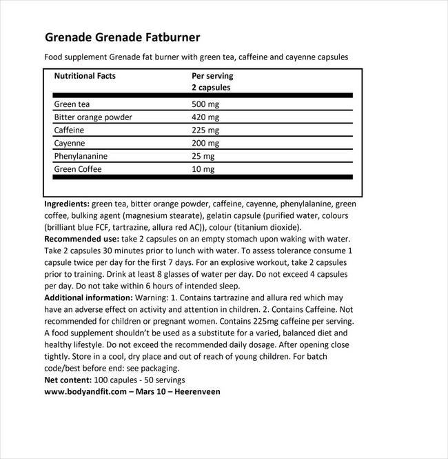 Grenade Thermo Detonator Nutritional Information 1