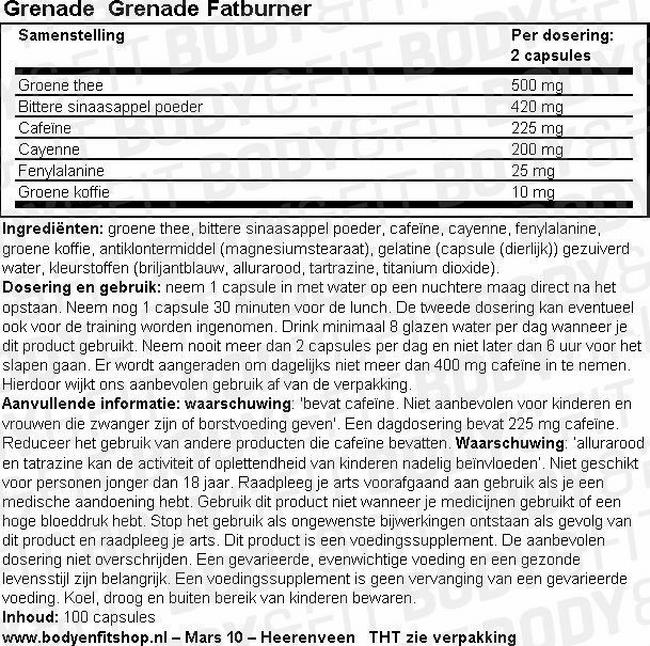 Grenade Fatburner Nutritional Information 1