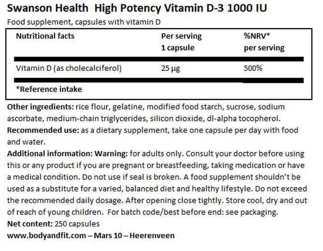 High Potency Vitamin D3 1000IU Nutritional Information 1