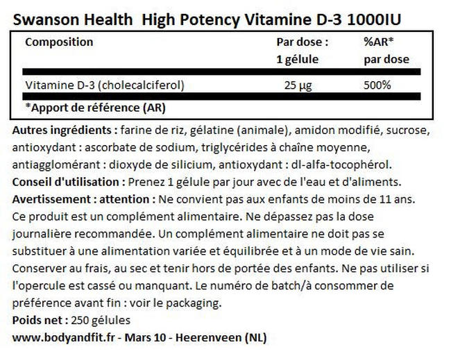 High Potency Vitamine D-3 1000IU Nutritional Information 1