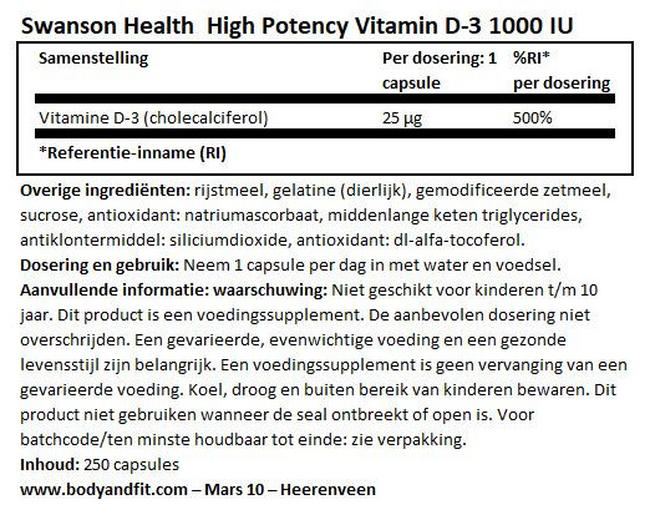 High Potency Vitamine D-3 1000IU Nutritional Information 1