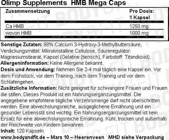HMB Mega Caps Nutritional Information 1