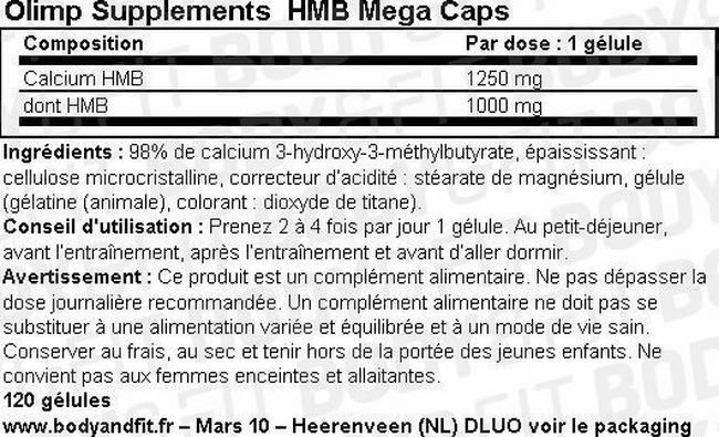 Gélules HMB Mega Caps Nutritional Information 1
