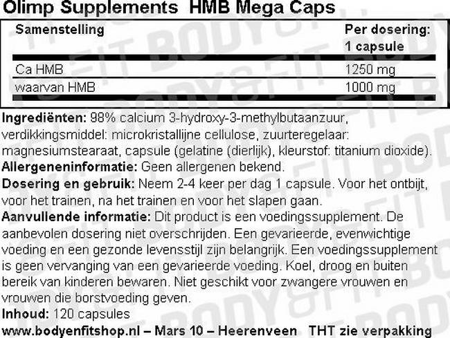 HMB Mega Caps Nutritional Information 1