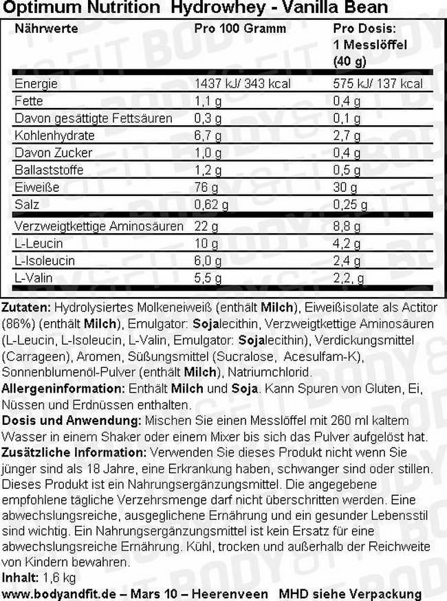 Hydrowhey Nutritional Information 1