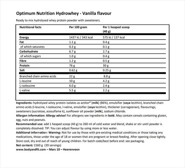 Hydrowhey Nutritional Information 1