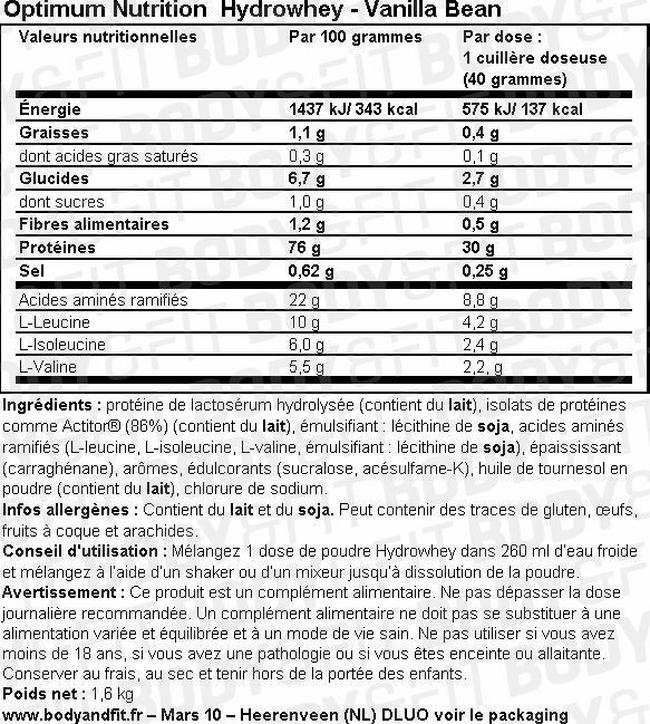 Hydrowhey Nutritional Information 1