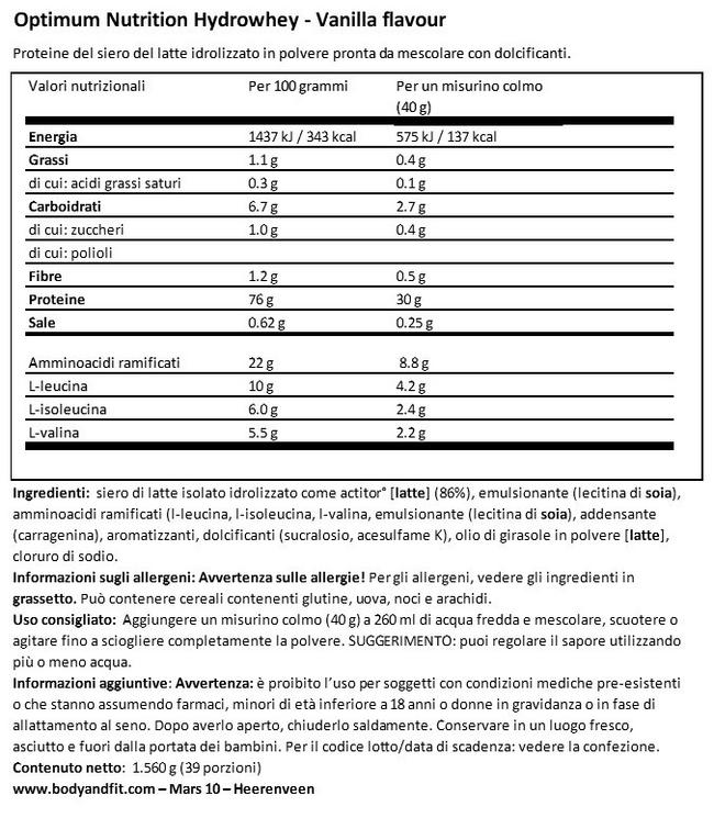 Hydrowhey Nutritional Information 1