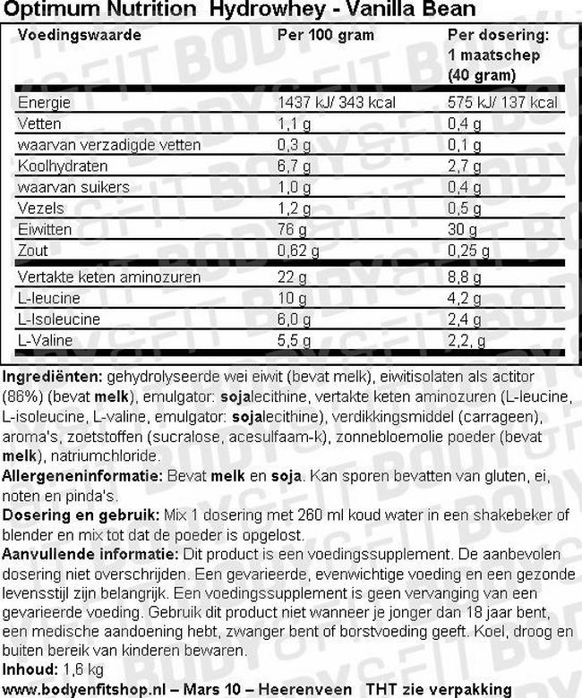 Hydrowhey Nutritional Information 1