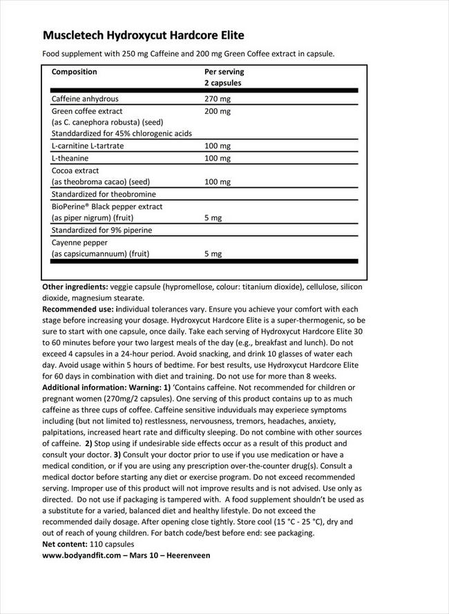 Hydroxycut Hardcore Elite Nutritional Information 1