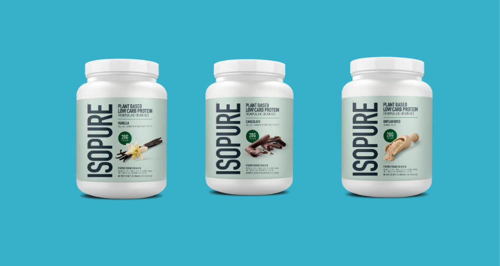 Isopure plant based products on light blue background
